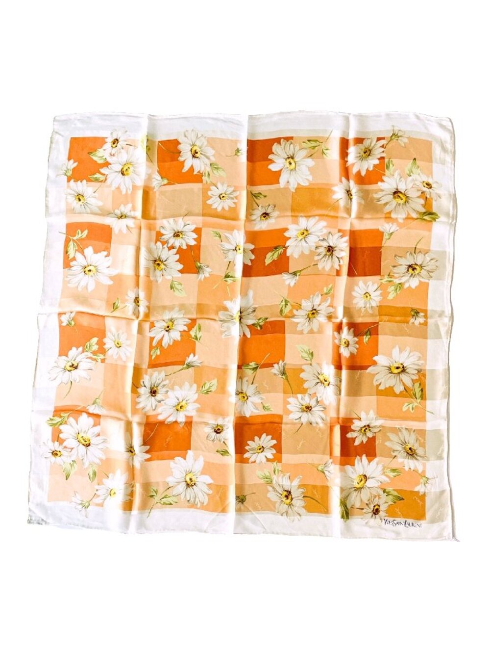 Vintage Yves Saint Laurent Silk Chiffon Scarf Daisy Floral 34” Sheer Rolled Hem